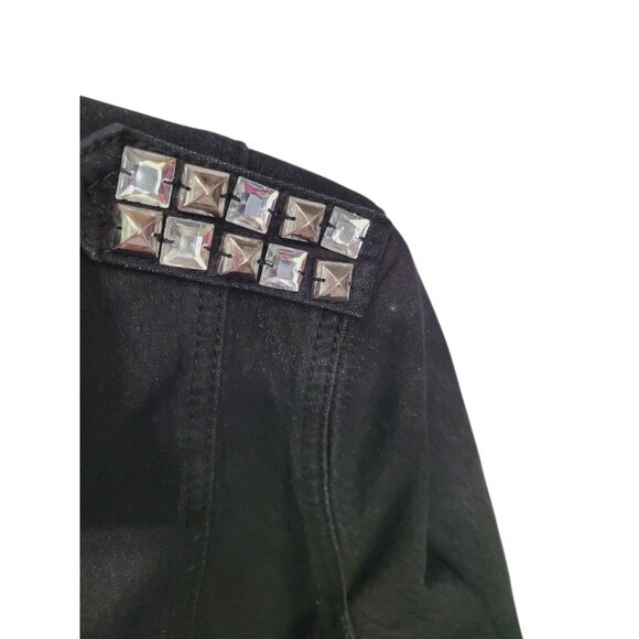 DG2 Moto Jacket M Black Denim Jean Rhinestone Trim Zippers Pockets Epaulets - Picture 10 of 16